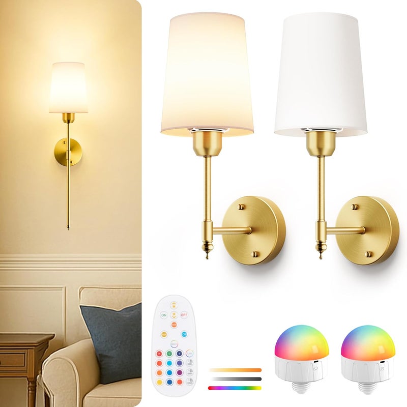 SyncGlow Battery Operated Wall Sconces Set of 2, Bronze Wireless Wall Lights with Rechargeable Magnetic Bulbs and Remote, Dimmable & 15 RGB Colors Wall Lamps for Bedroom Living Room Hallway 23Inch - Image 1
